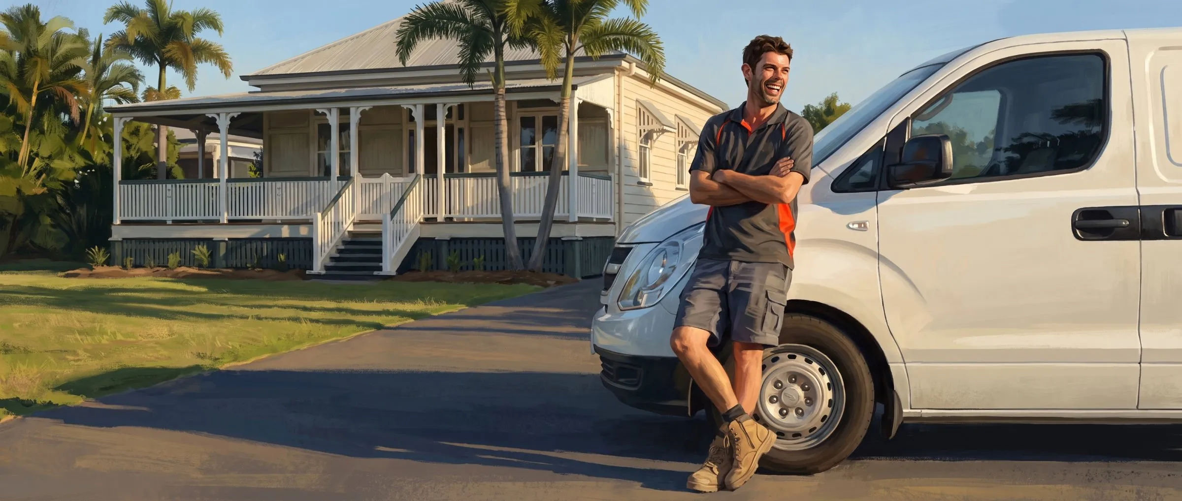 Painted illustration of Jason Breingan of Flowtek Services in the charcoal polo with the orange collar, leaning against the front of the Flowtek van with a pipe wrench in one hand, smiling at the viewer