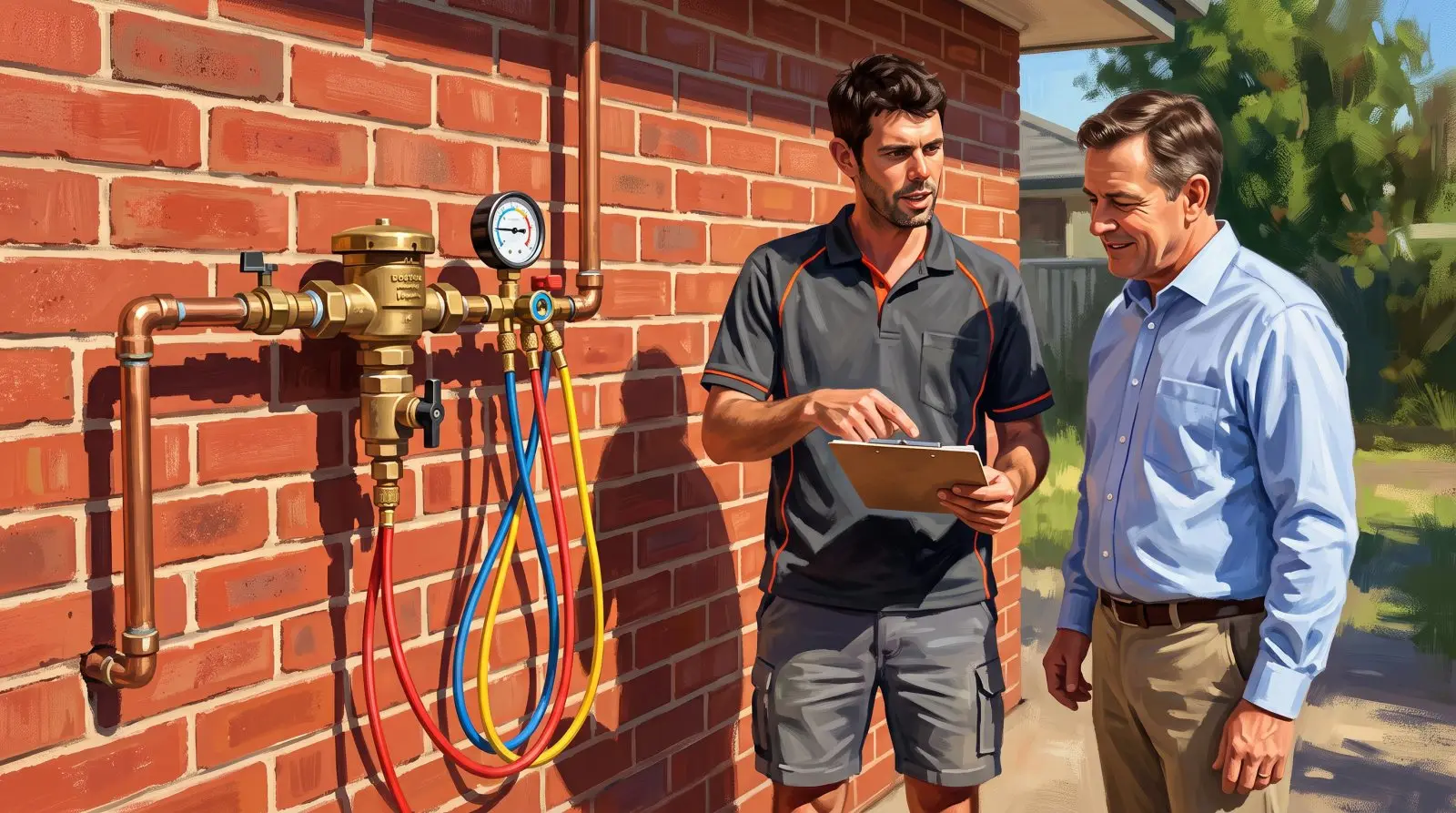 Painted illustration of Jason Breingan of Flowtek Services at a backflow prevention device on a brick wall with test hoses connected, going through the completed test report with a building manager