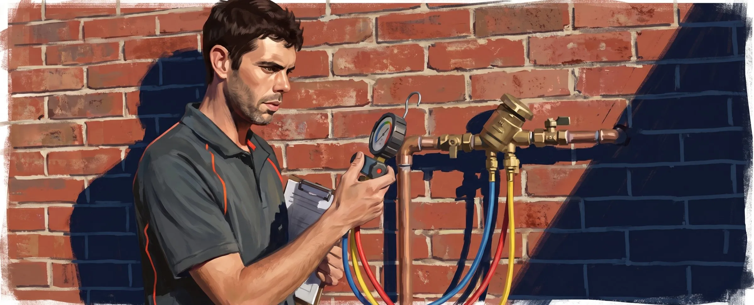 Painted illustration of Jason testing a brass backflow prevention device on an exterior wall, a test kit with gauges connected and a test report under his arm