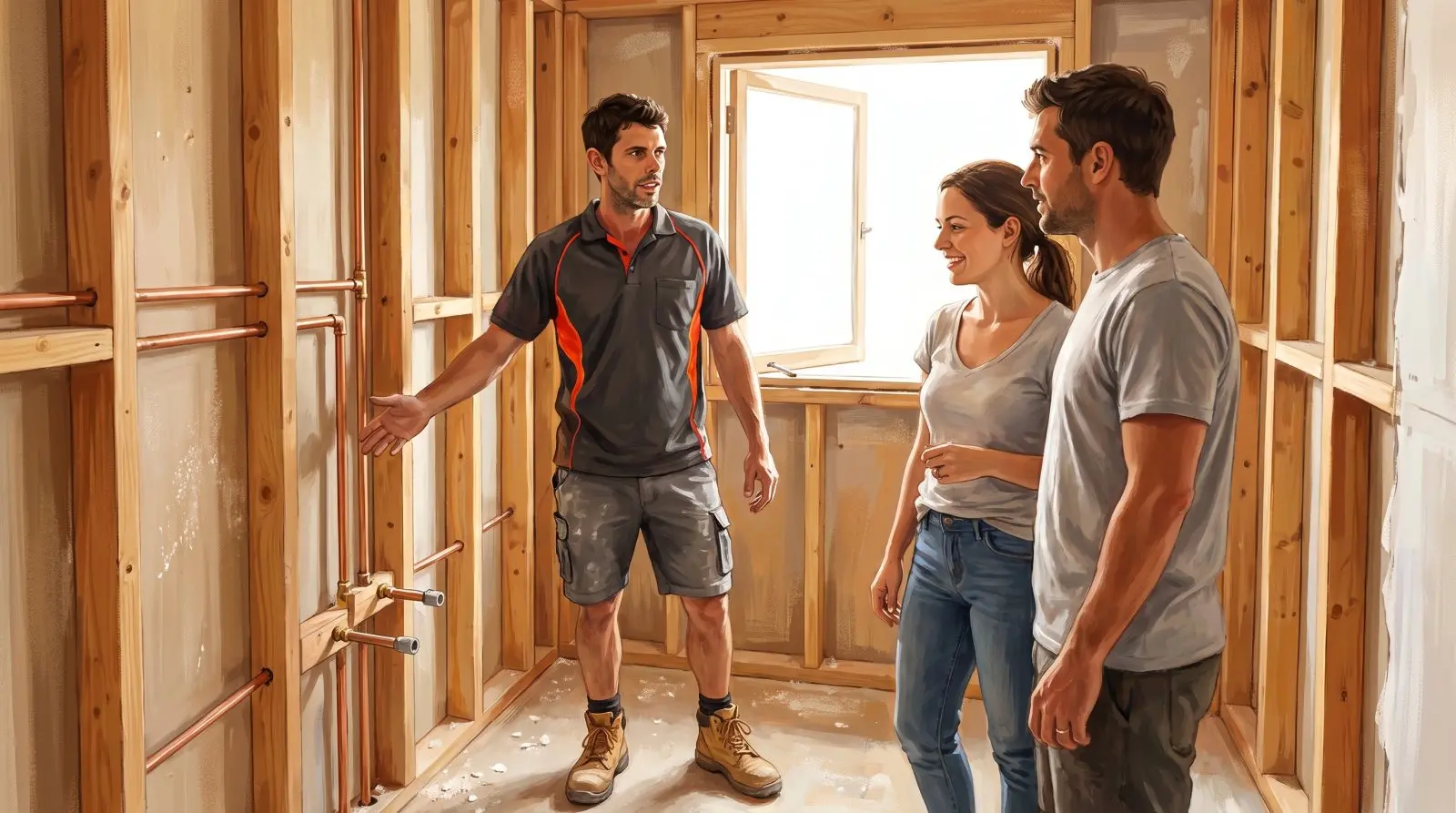 Painted illustration of Jason Breingan of Flowtek Services in a bathroom at rough-in stage, gesturing at new copper stub-outs on a timber stud wall while a couple follow what he is showing them