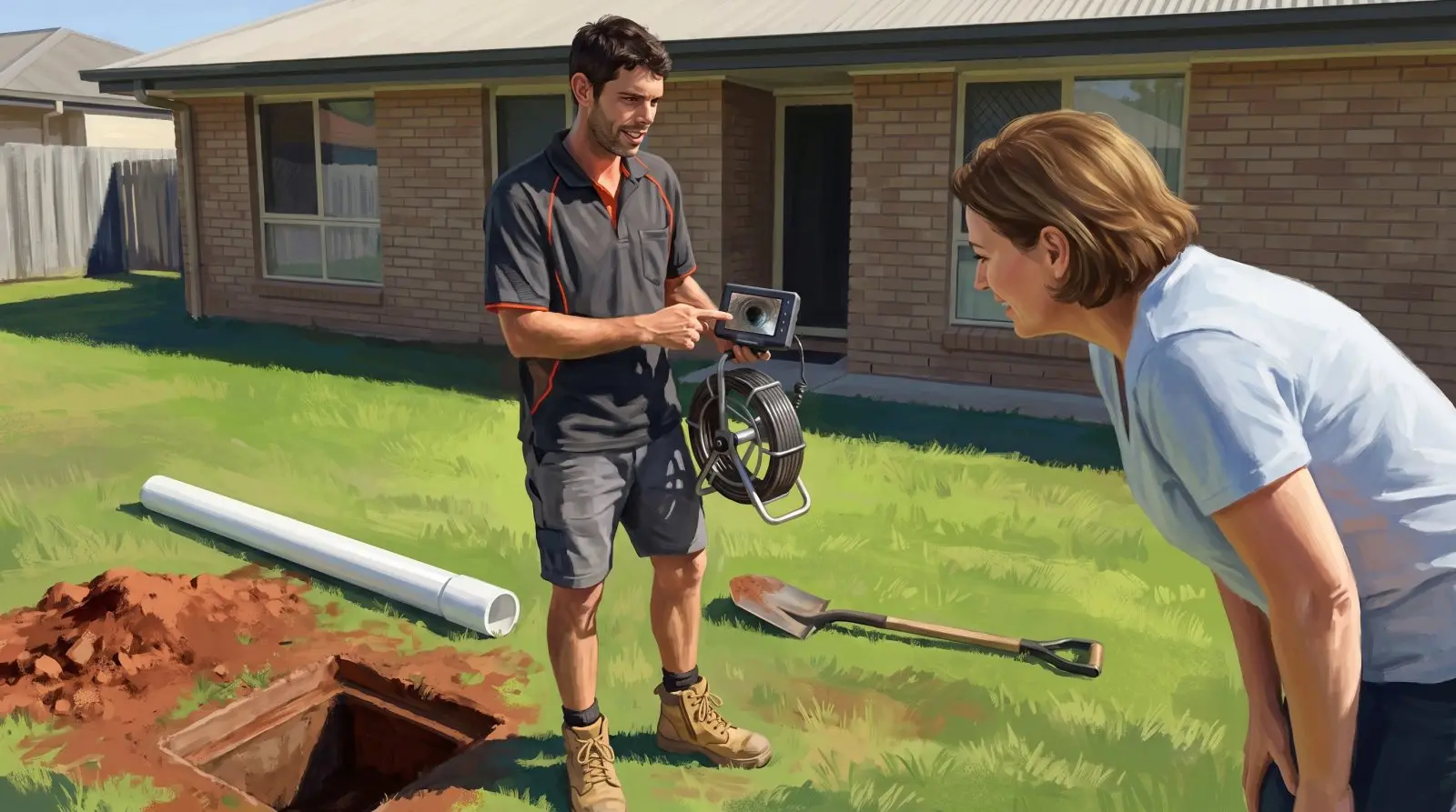 Painted illustration of Jason Breingan of Flowtek Services holding a drain camera reel on a back lawn, showing the screen to a homeowner beside an open drain inspection point