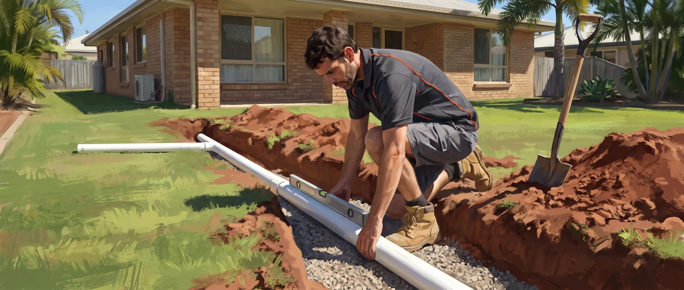 Painted illustration of Jason crouched over an open drainage inspection point in a suburban lawn, feeding a drain camera down the line with the screen beside him