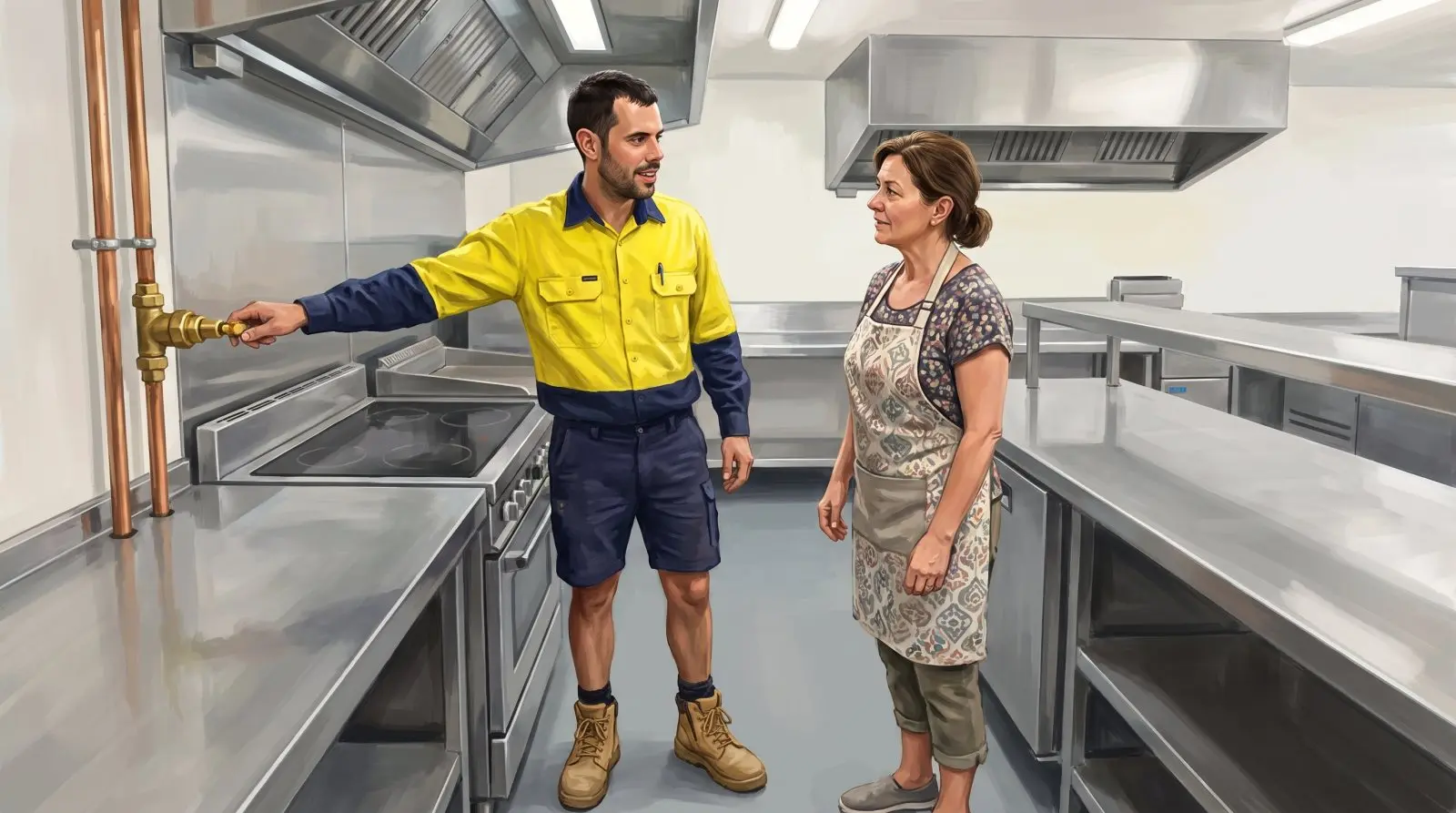 Painted illustration of Jason Breingan of Flowtek Services in a hi-vis shirt in a stainless steel commercial kitchen, showing the gas isolation valve to a cafe owner in an apron