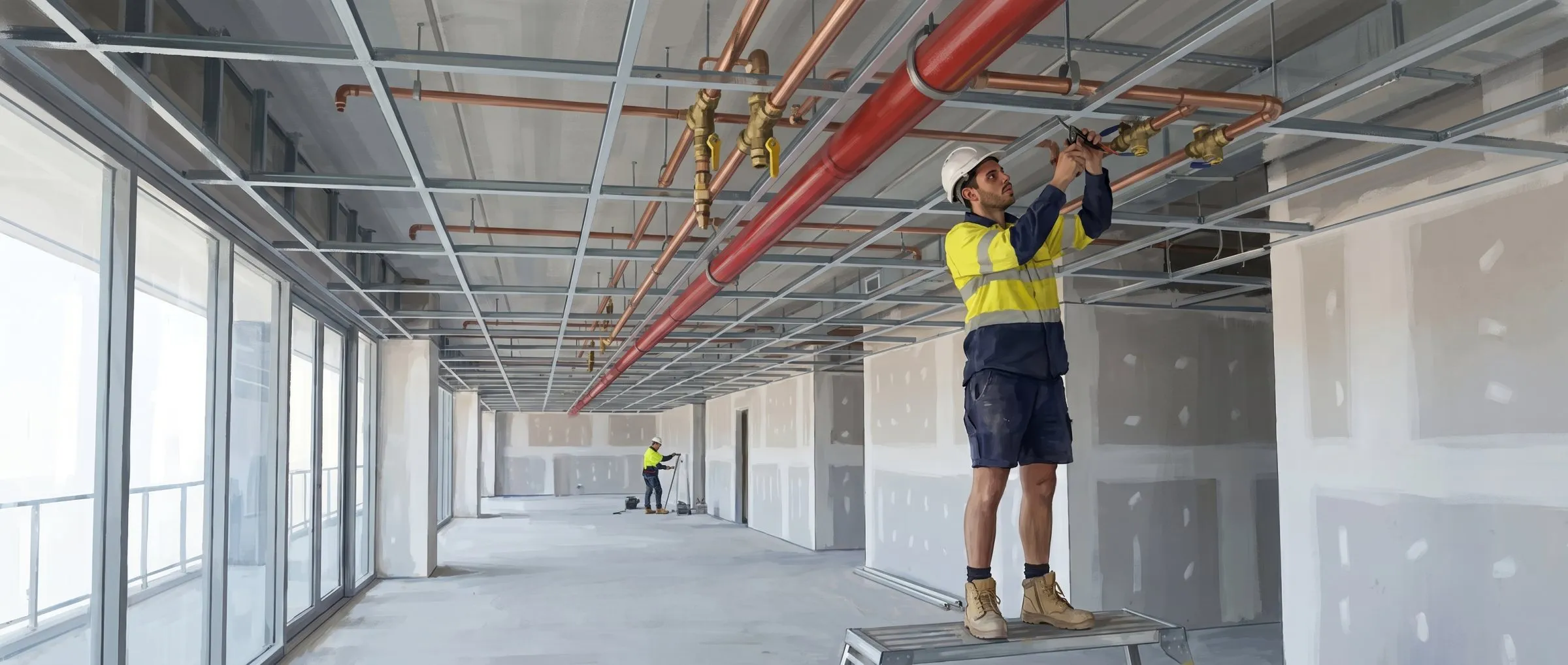 Painted illustration of Jason Breingan of Flowtek Services in a yellow hi-vis shirt and white hard hat, working overhead on copper services pipework in a commercial building fitout