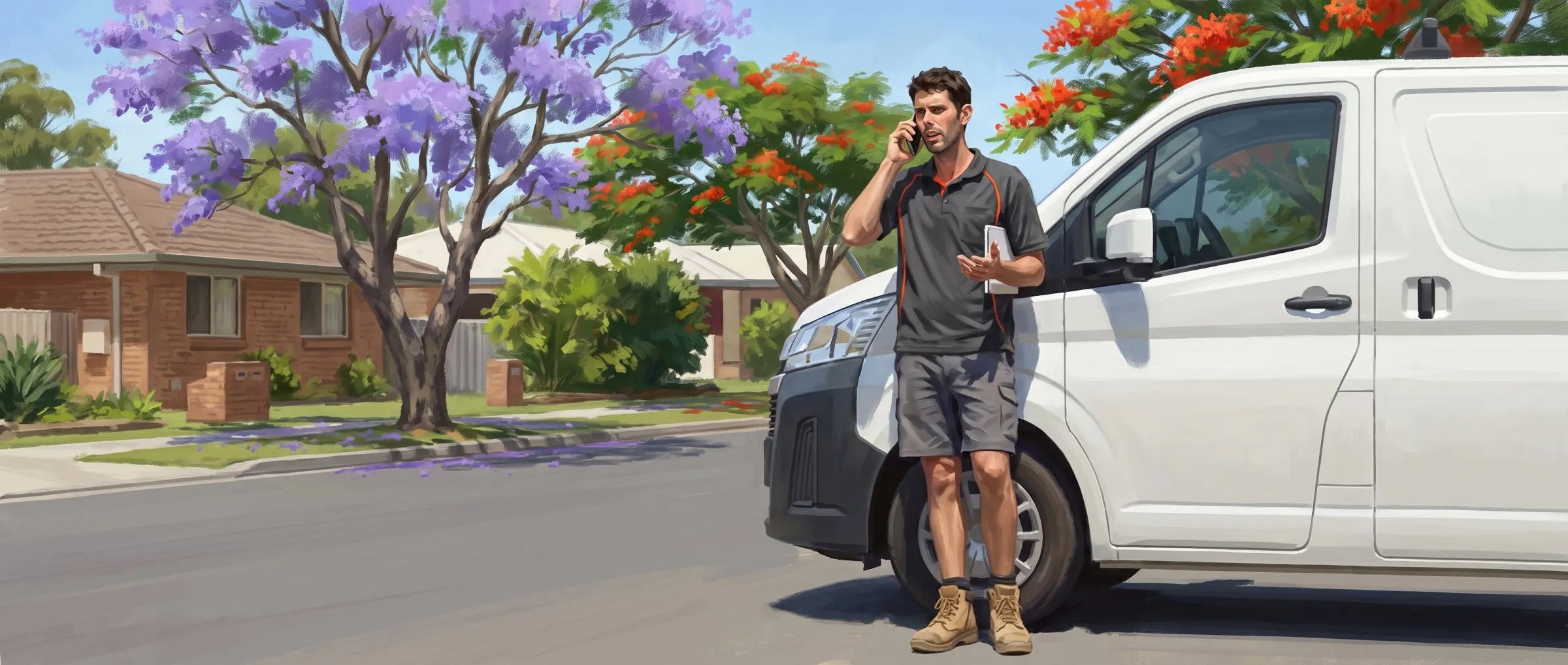 Painted illustration of Jason Breingan of Flowtek Services in the charcoal polo with the orange collar, standing beside the Flowtek van on the phone mid-conversation, explaining something, a notepad under his arm