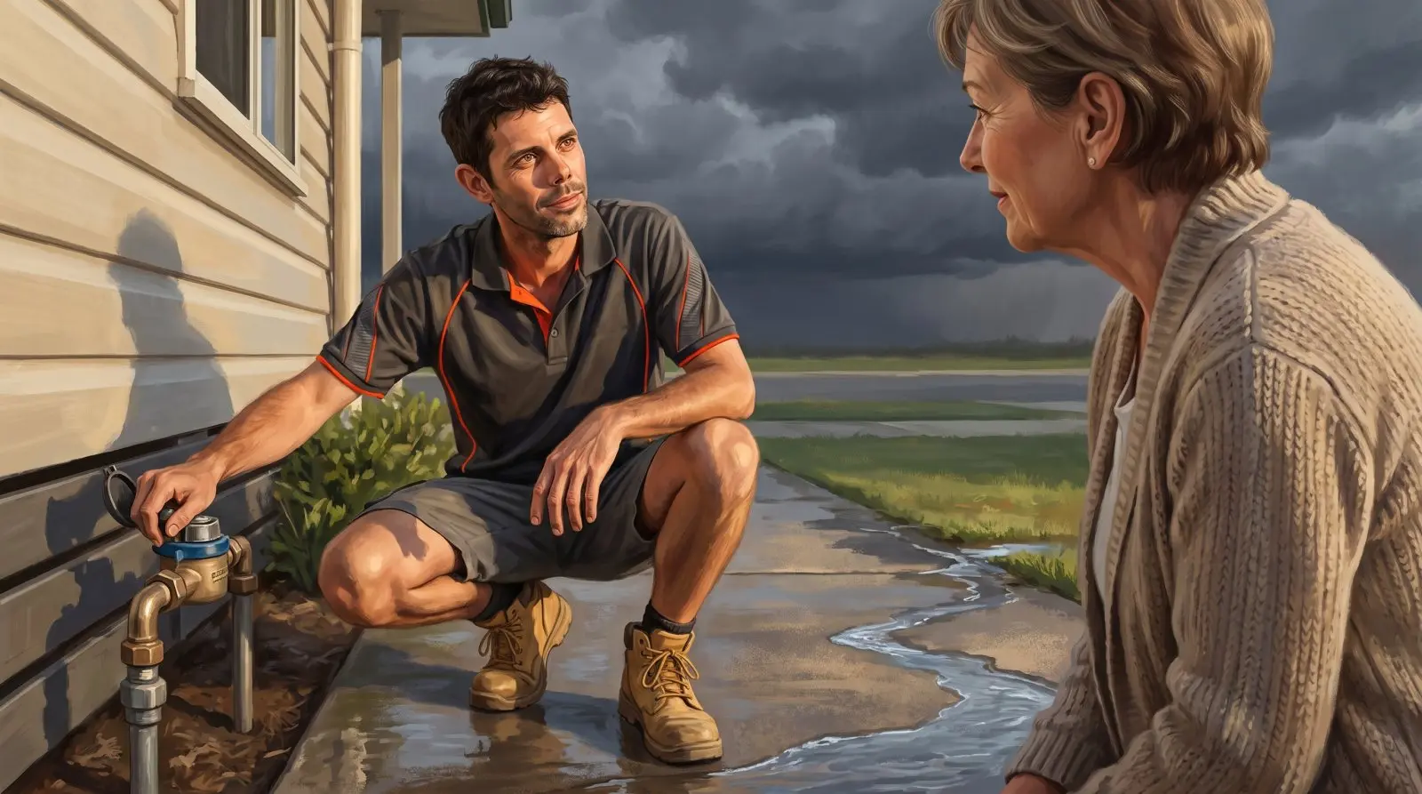 Painted illustration of Jason Breingan of Flowtek Services crouched at an outdoor water meter shutting the main off after a burst, looking up and reassuring the homeowner standing on the wet path
