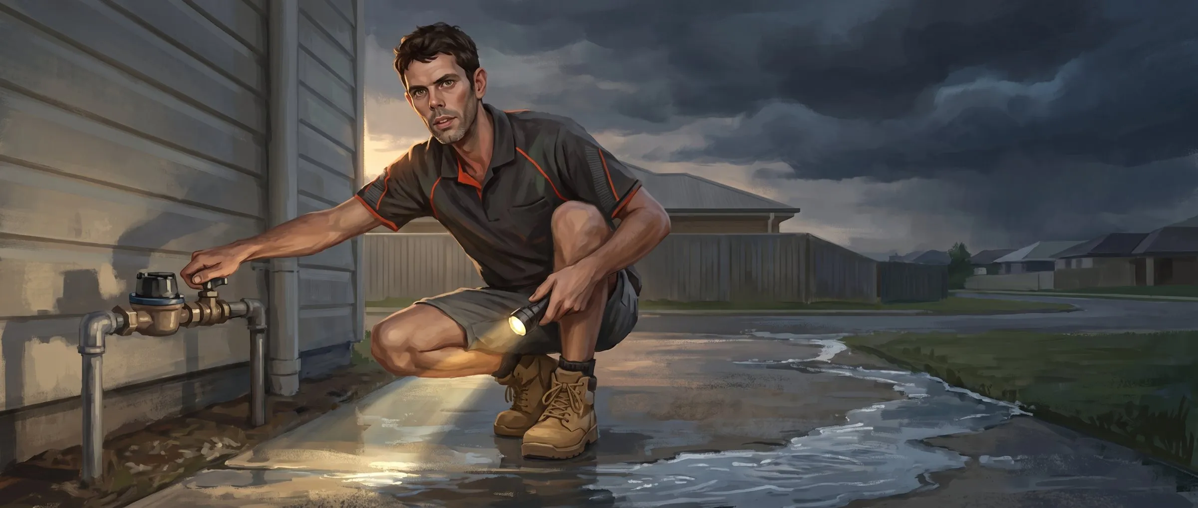 Painted illustration of Jason crouched at a water meter at the front boundary, turning the water off at the isolation tap, the Flowtek van at the kerb behind him