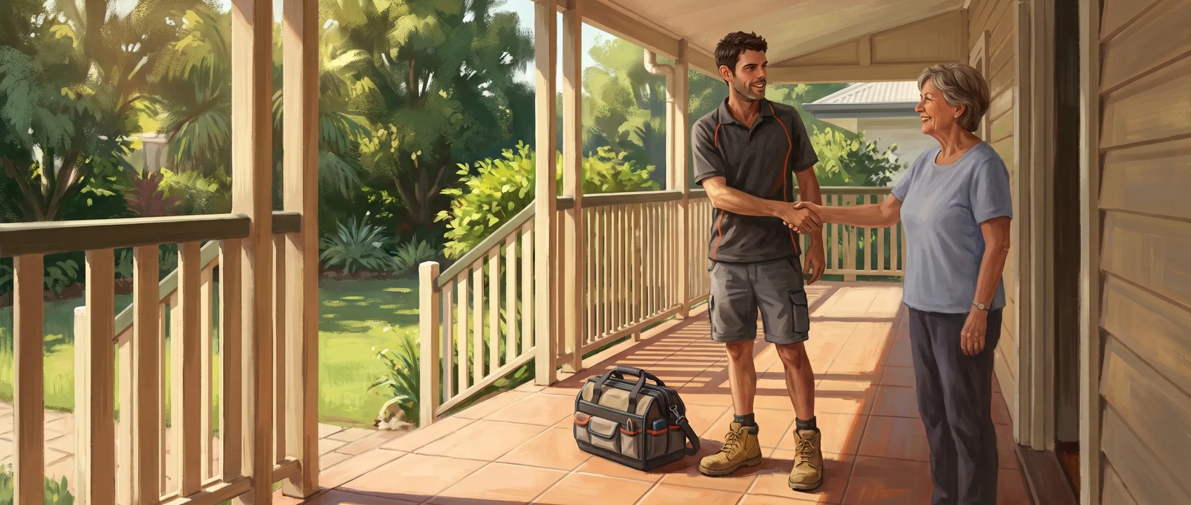 Painted illustration of Jason Breingan of Flowtek Services in the charcoal polo with the orange collar, shaking hands with a homeowner at her front door, the job finished and the site left clean