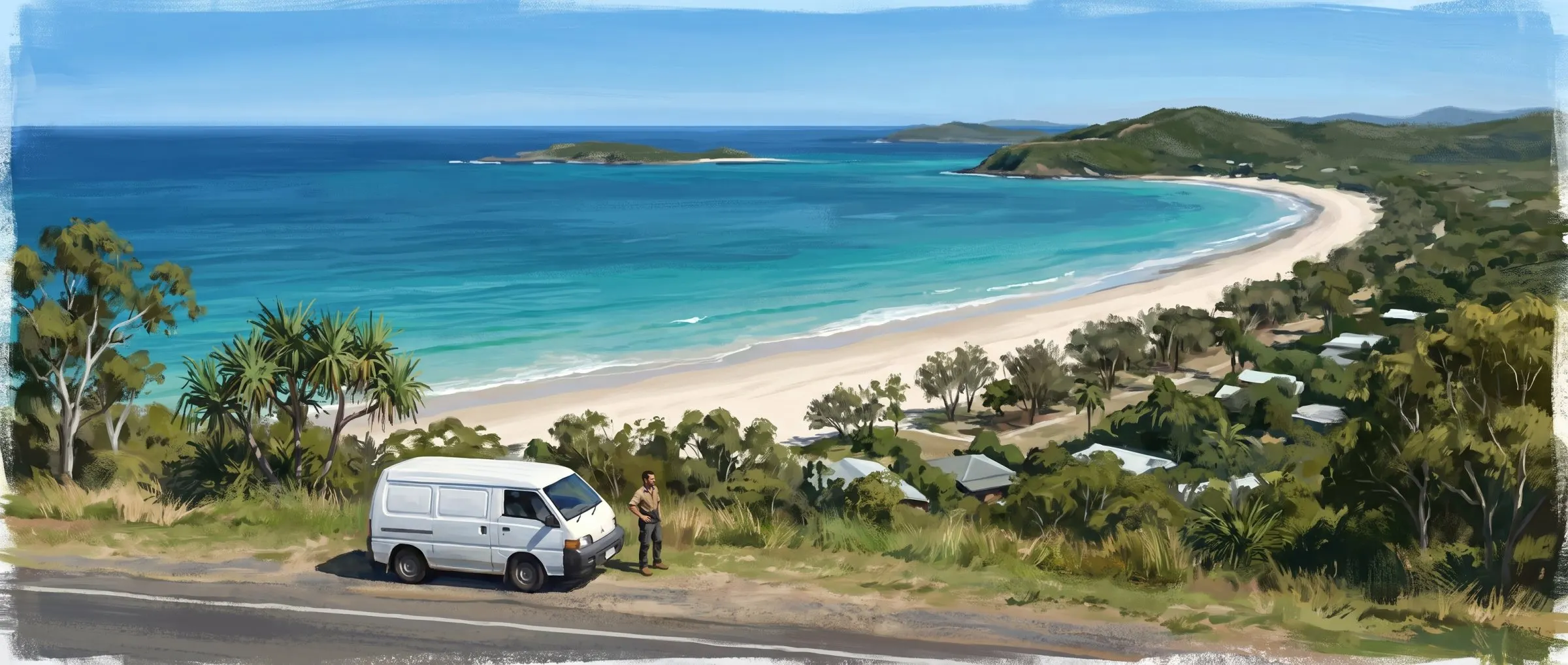 Painted illustration of the Flowtek Services van parked on the grassy verge of a coastal esplanade, a turquoise bay, a headland and distant islands beyond