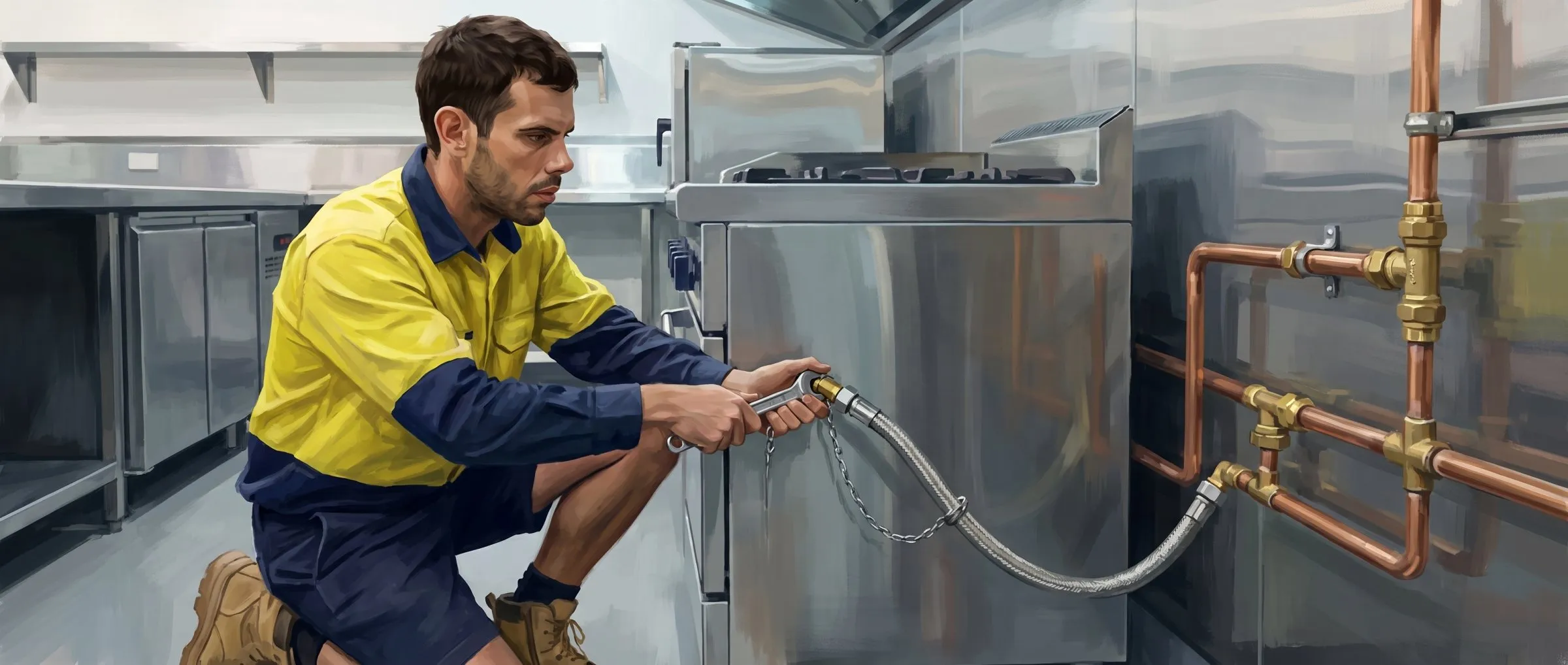 Painted illustration of Jason connecting a gas line to a stainless steel cooktop in a bright kitchen, spanner on the fitting and a leak test bottle beside him