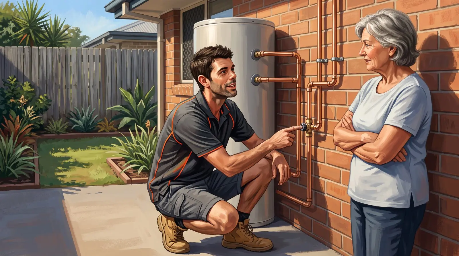 Painted illustration of Jason Breingan of Flowtek Services crouched beside a hot water cylinder on a brick wall, pointing at the tempering valve and explaining it to an older woman standing beside him