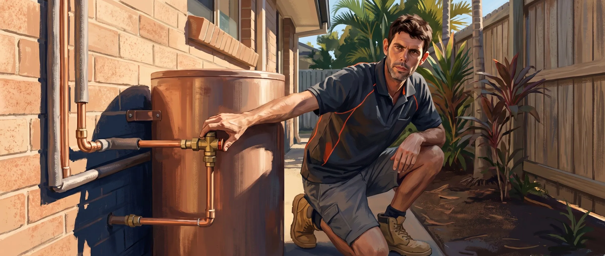 Painted illustration of Jason kneeling beside an instantaneous gas hot water unit on a brick wall, spanner in hand, the old storage cylinder on the pavers beside him