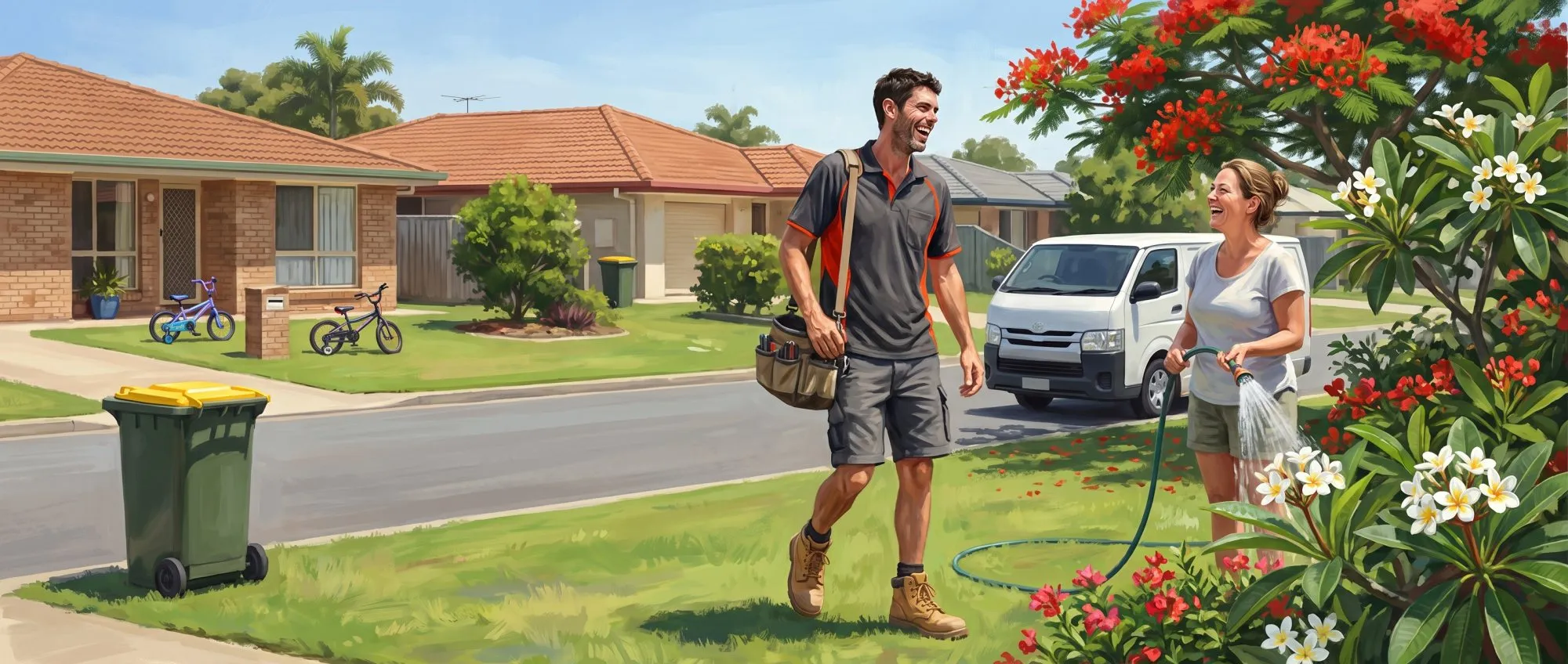 Painted illustration of Jason Breingan of Flowtek Services walking along a Capricorn Coast street with his tool bag, stopping to talk and laugh with a neighbour watering her front garden, the Flowtek van parked at the kerb