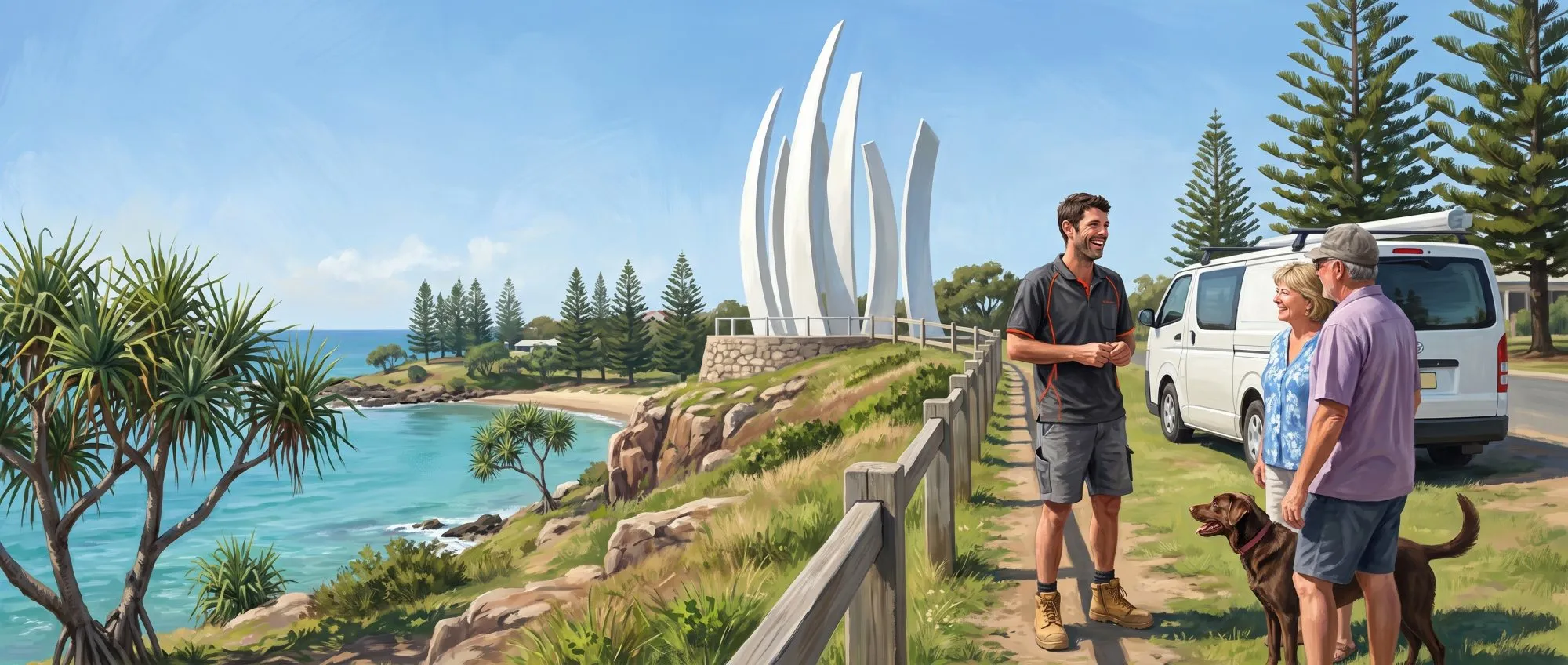 Painted illustration of the Singing Ship memorial on the headland at Emu Park, with Jason Breingan of Flowtek Services on the path beside the Flowtek van, chatting with a local couple walking their dog