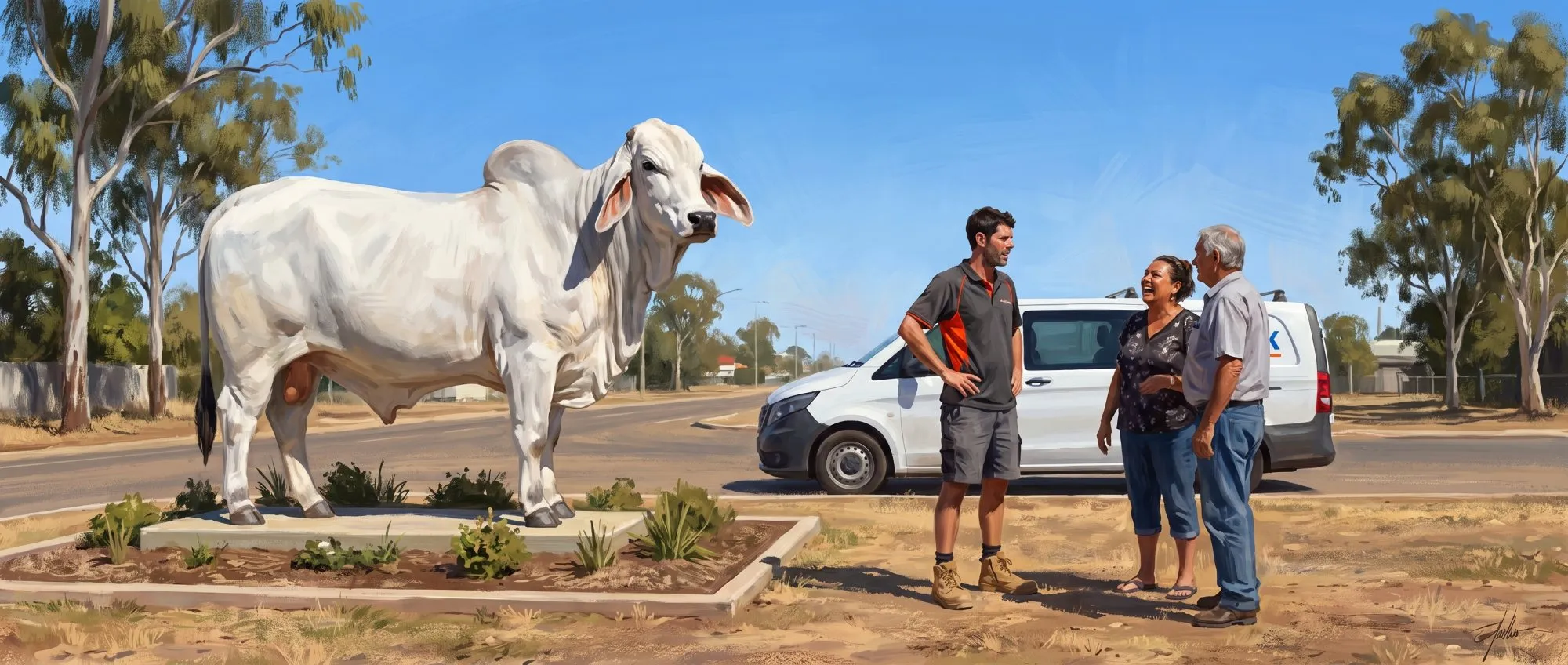 Painted illustration of the Brahman bull statue on a Rockhampton roadside in hard inland sun, with Jason Breingan of Flowtek Services and the Flowtek van nearby, in conversation with two locals
