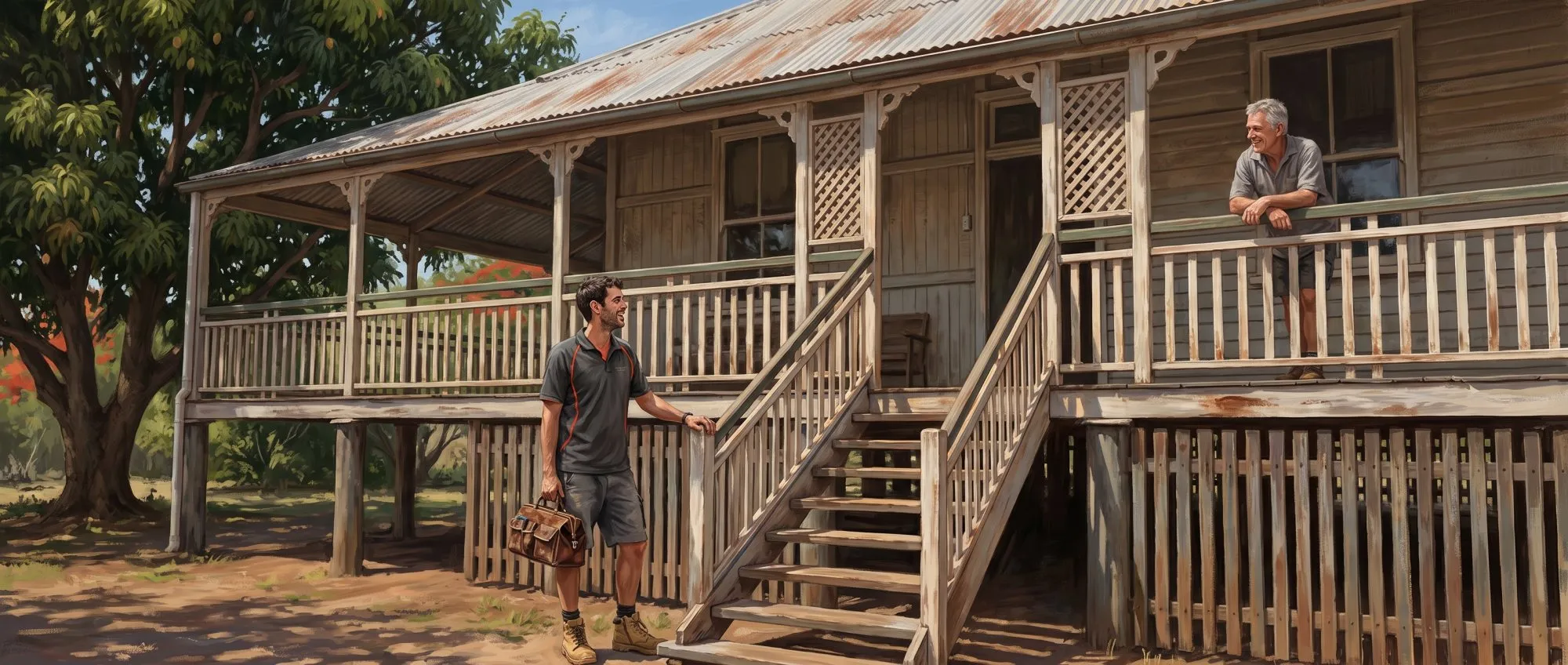 Painted illustration of Jason Breingan of Flowtek Services at the foot of the front stairs of a high-set timber Queenslander, talking up to the owner leaning on the verandah rail