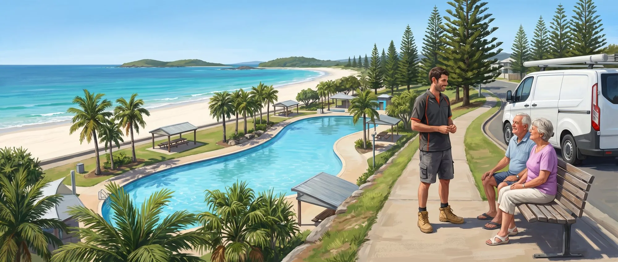 Painted illustration of the Yeppoon foreshore and swimming lagoon with the beach and Keppel islands beyond, Jason Breingan of Flowtek Services talking with an older couple sitting on a bench, the Flowtek van behind him