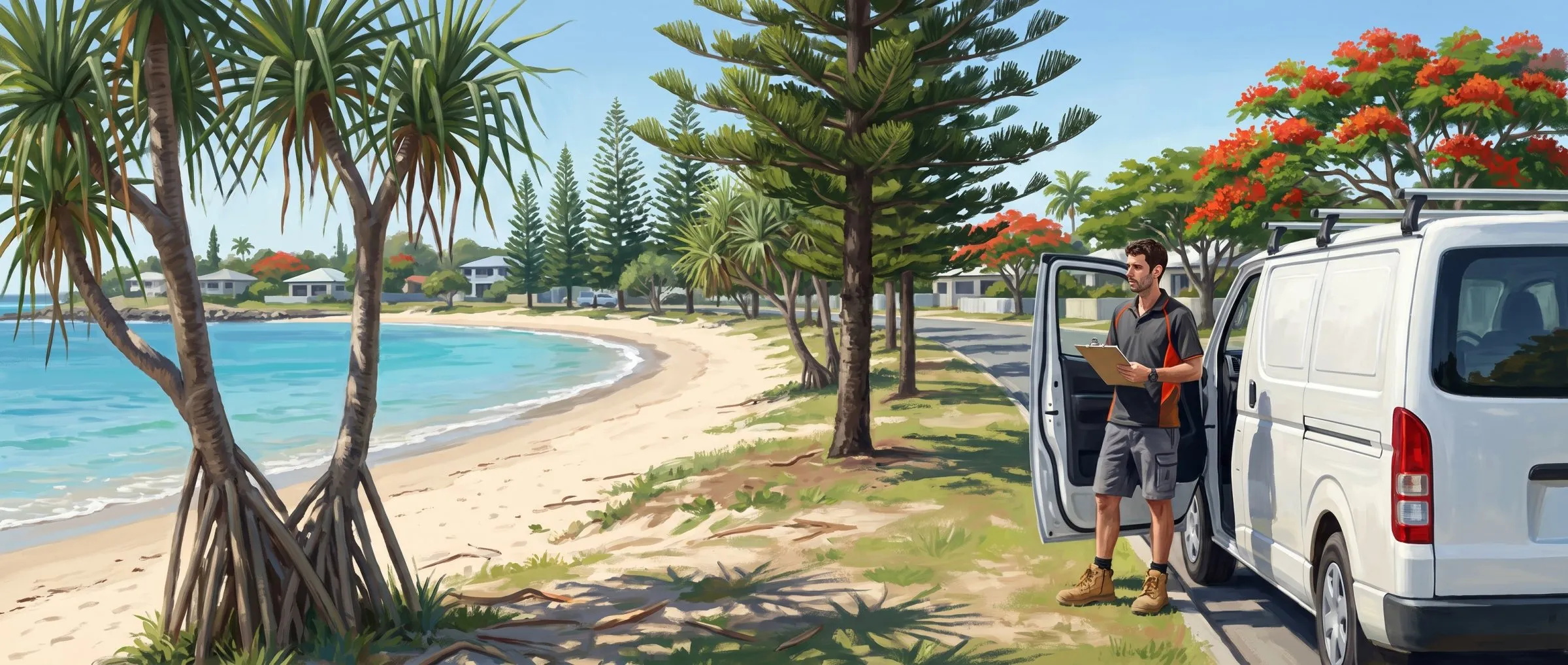 Painted illustration looking along the Capricorn Coast: a curving turquoise bay, a headland, distant islands, palms and Queensland houses, with the Flowtek van on the coastal road