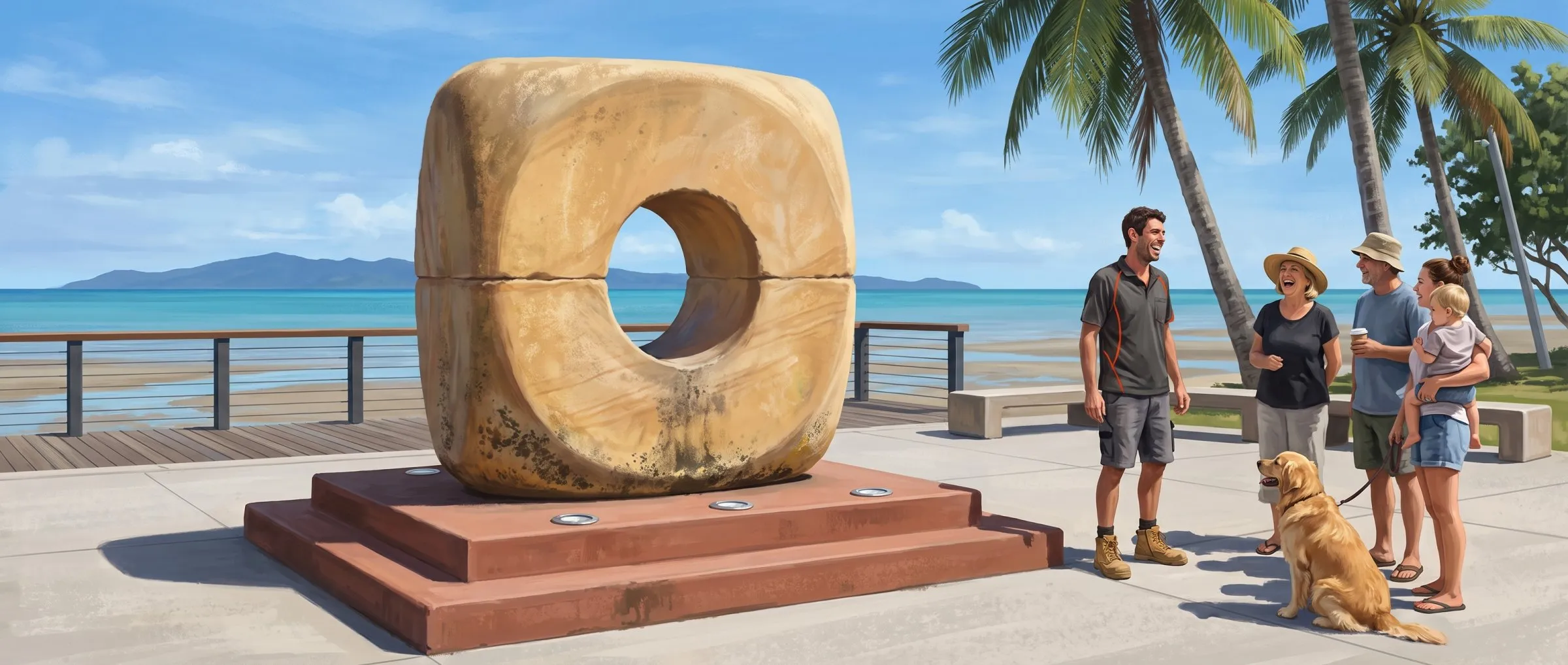 Painted illustration of the Spirit Stone sculpture on the Yeppoon foreshore, the sea and Keppel islands beyond it, with Jason Breingan of Flowtek Services laughing with a group of locals on the paving beside it