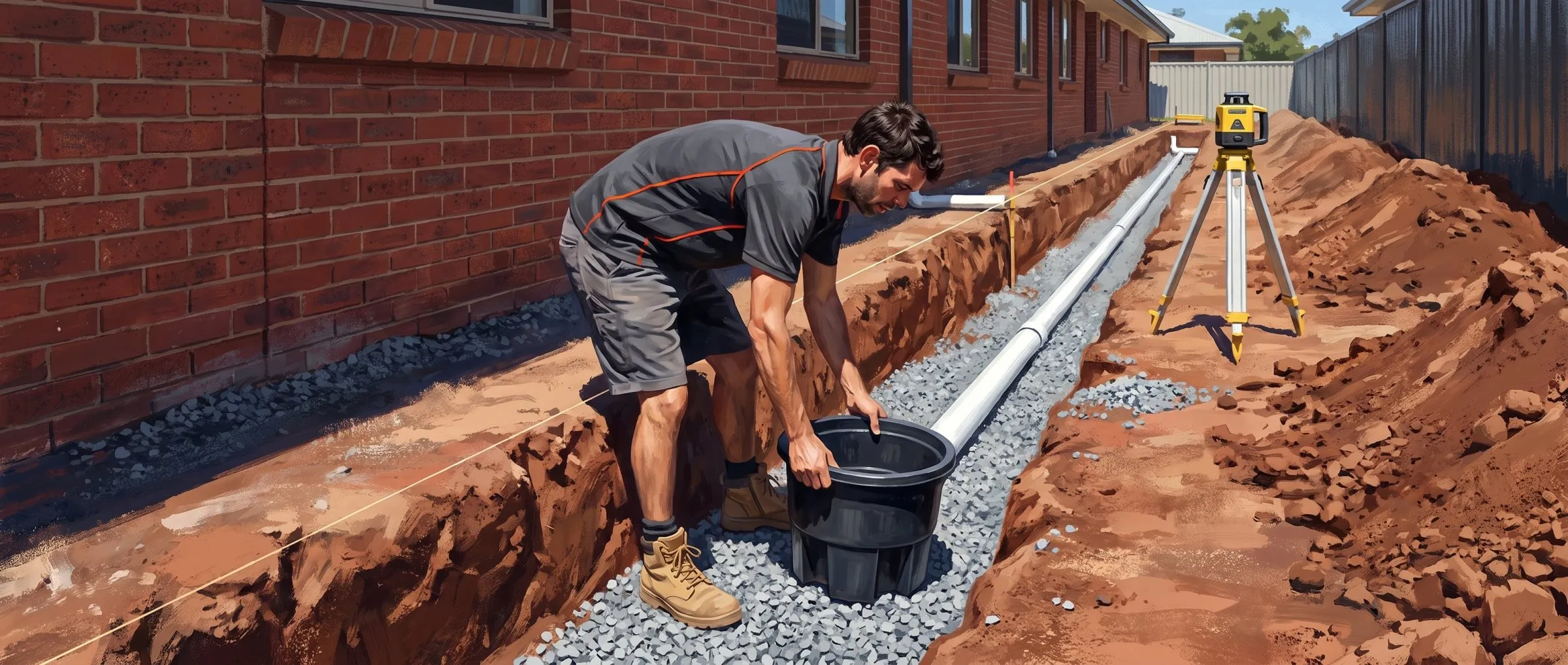 Painted illustration of Jason Breingan of Flowtek Services in the charcoal polo with the orange collar, standing in an open stormwater drainage trench beside a red brick building, laying a drainage pit into a gravel bed
