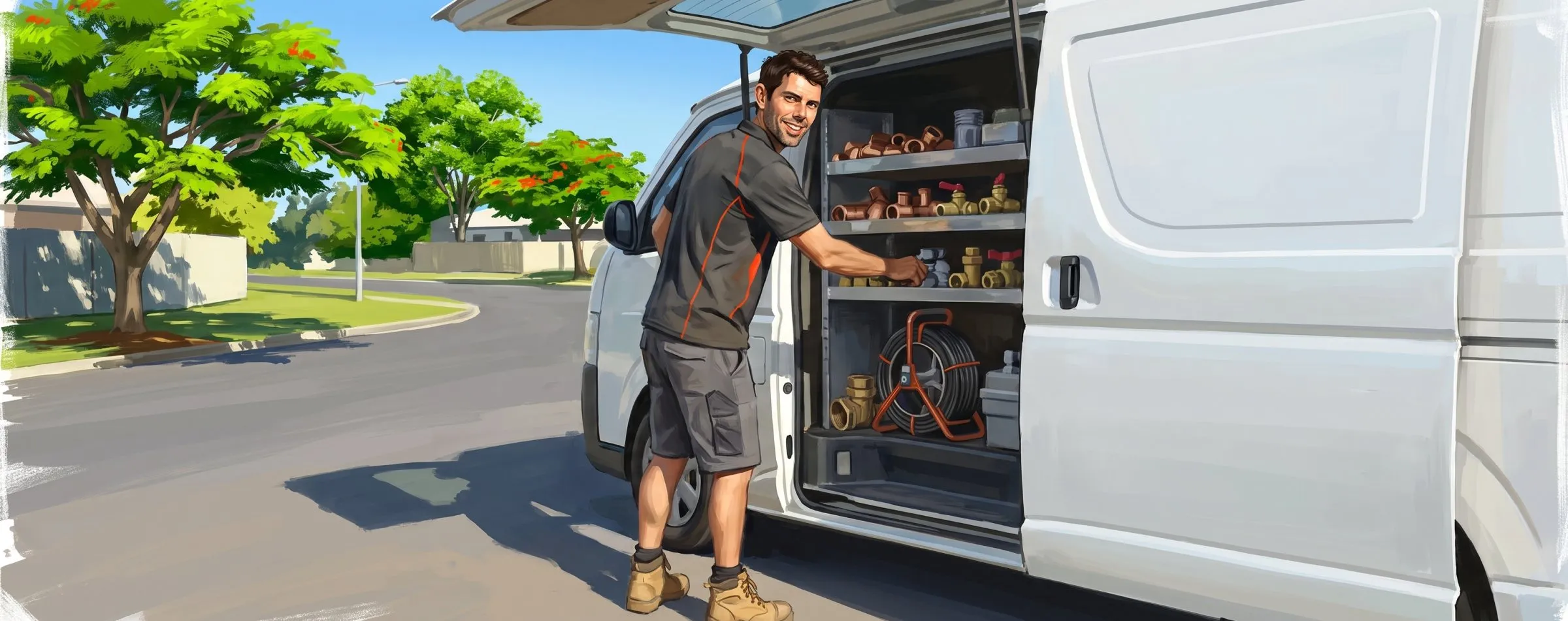 Painted illustration of Jason Breingan of Flowtek Services in the charcoal polo with the orange collar, at the open rear doors of the Flowtek van, reaching for a tool from shelves of copper fittings and a drain camera reel